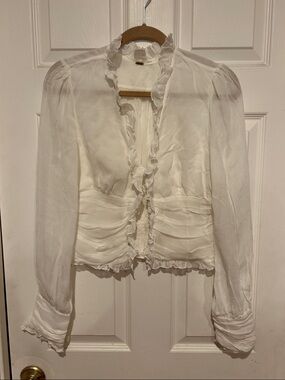 Free People White Ruffled Sheer Puff Sleeve Blouse